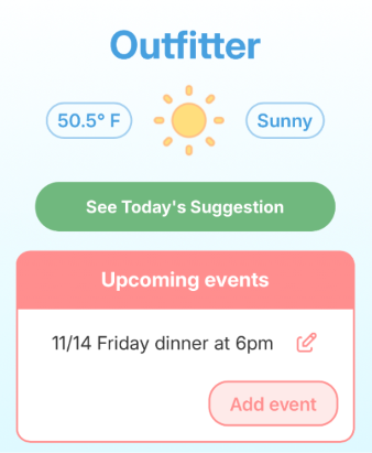 Outfitter app showing weather and today's outfit suggestion