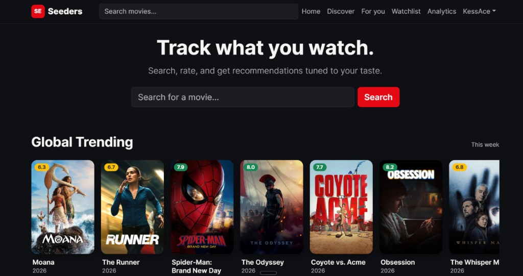 Seeders app showing search and global trending movies